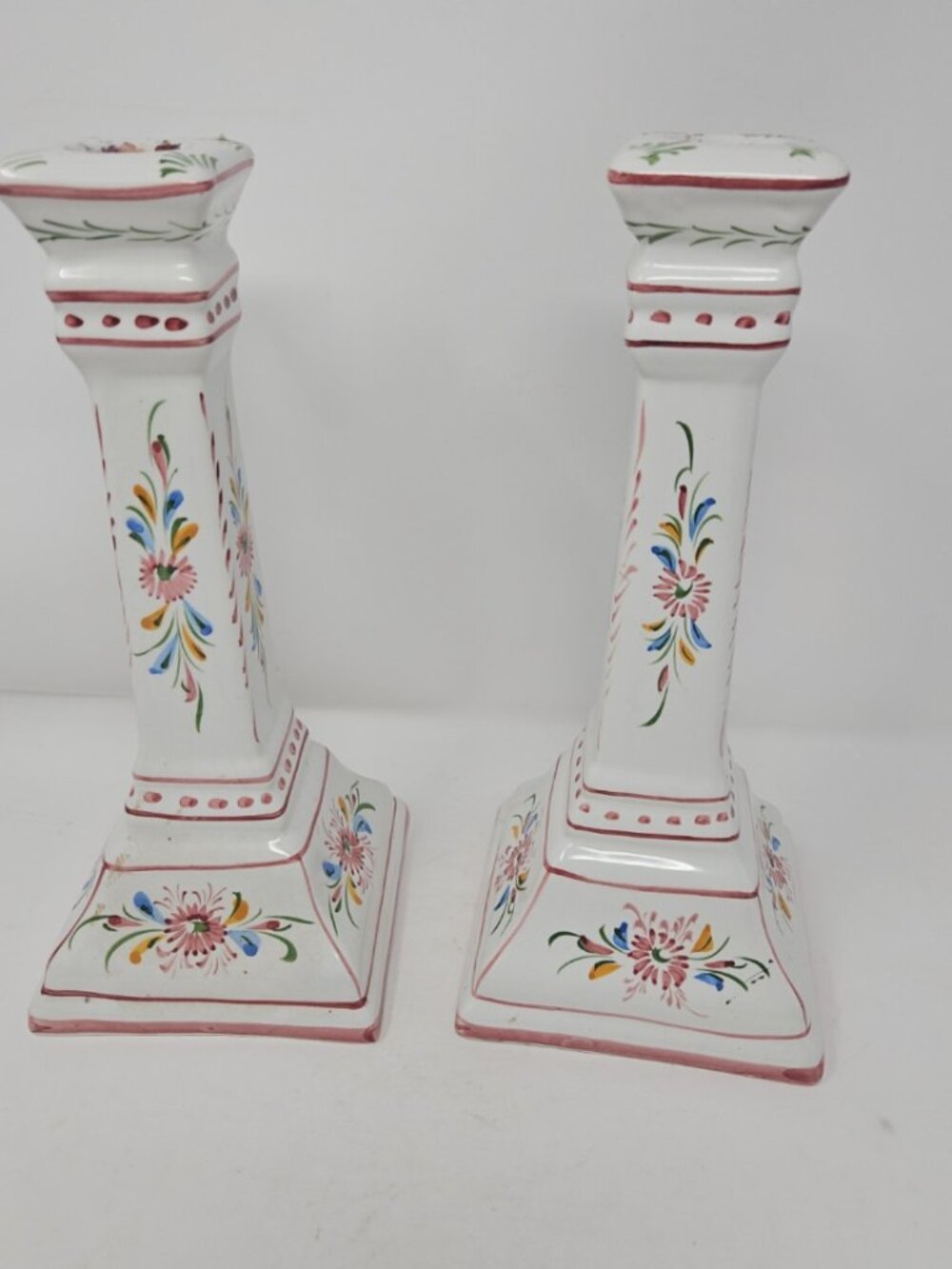 Pr Vintage Handpainted Majolica Candlestick Holders RCCL Portugal 738 White Pink
